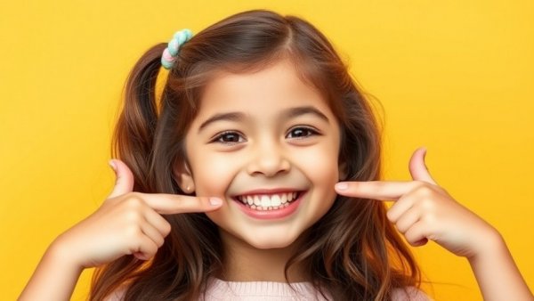 Smiling young girl pointing at missing tooth, children's dentist theme.