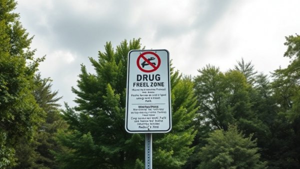 Park sign with drug-free zone notice and regulations against a cloudy sky.
