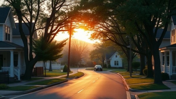Tranquil suburban street sunset scene, managing city to suburb switch.