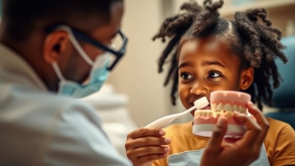 Child learning dental care with dentist and parent.