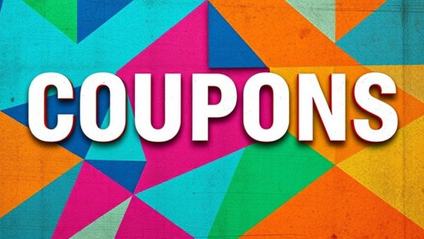Colorful geometric pattern with 'COUPONS' text, Home Depot promo codes 50% off.