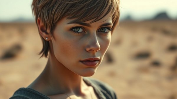 Pensive woman with short hair in an arid setting.