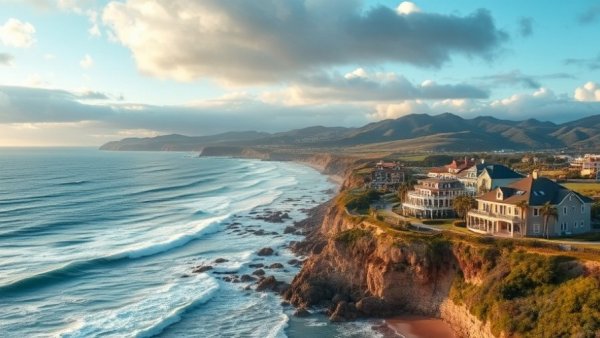 Luxurious beachfront houses along scenic coastline at dawn.