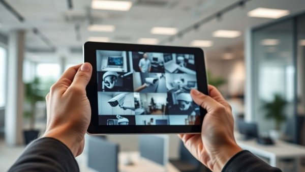Man monitors multi-site business security on tablet