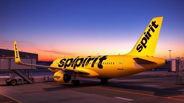 Spirit Airlines plane at airport gate during sunset.