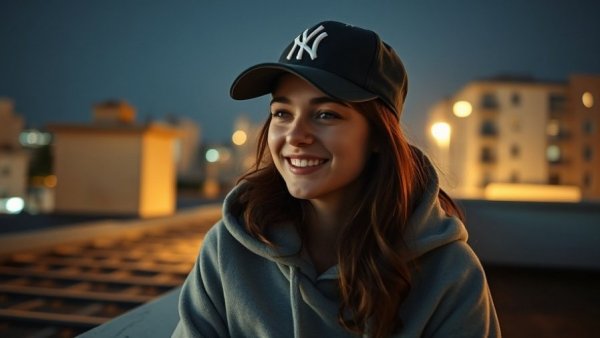 Cozy young woman at night with humorous celebrity photos.