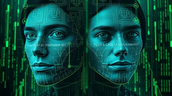 Abstract representation of invisible Face ID technology with neon green patterns.