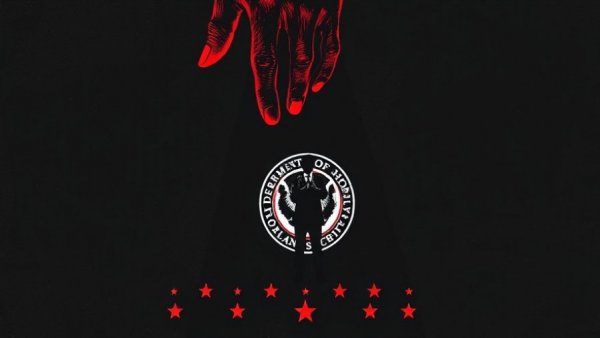 Abstract depiction of DHS data requests with large hand over man.