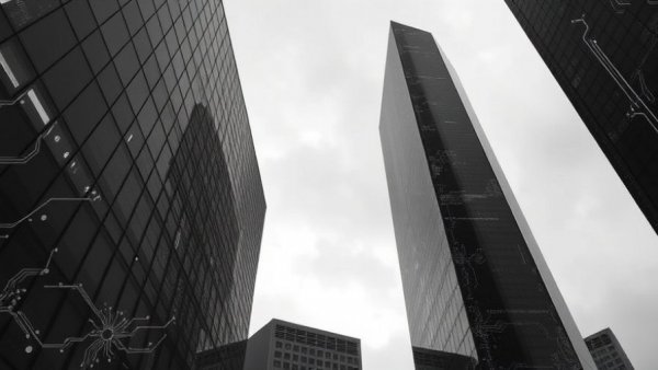Futuristic skyscraper blending with digital circuits in a monochrome theme, ideal for Macon real estate.