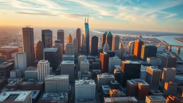 Aerial view of Detroit skyline at sunset with skyscrapers.