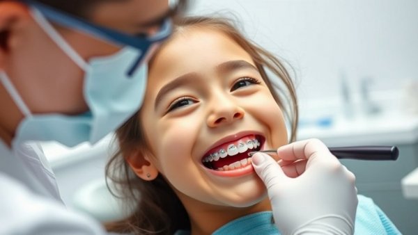 Young girl undergoing pediatric dentistry services, smiling during check-up.