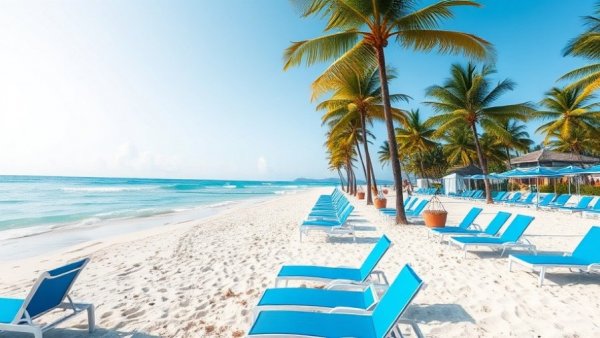 Idyllic Yucatan beach scene with palm trees and loungers.