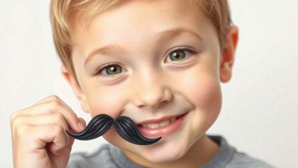Charming young boy with a fake mustache playfully posing, Meta AI age verification concept.