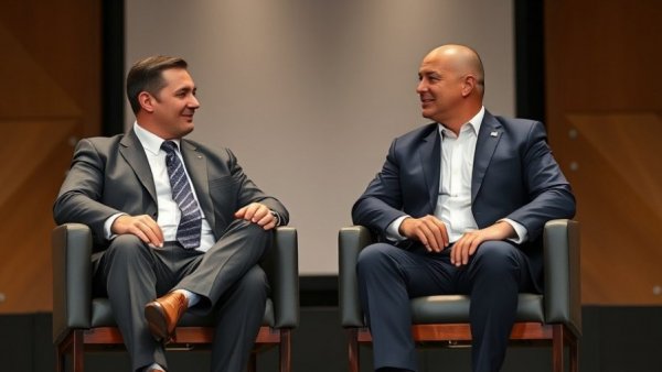 Men in business discussion at conference, geometric backdrop.