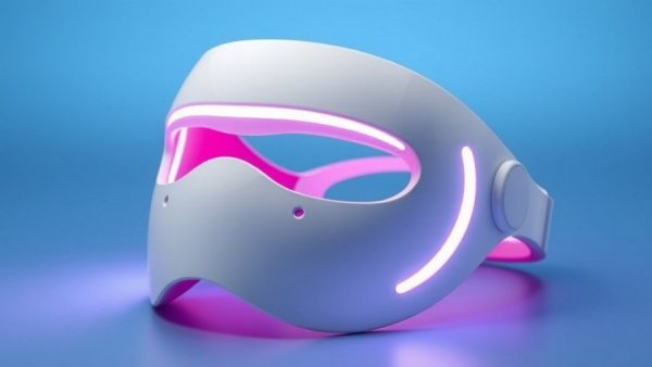 Megelin LED therapy mask with pink lining on blue background.