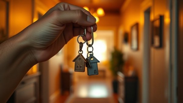 Hand holding house keys in a new cozy home, balancing wants vs needs in first home.