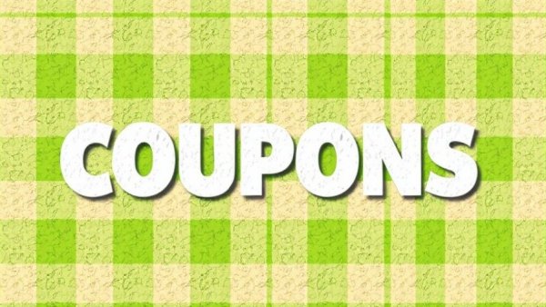 Textured COUPONS image with green checkered background.