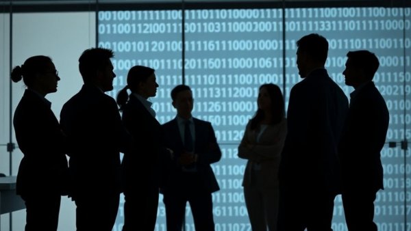 Understanding AI terminology: Professionals discussing AI binary code in a meeting.