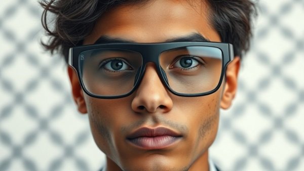 Live-captioning smart glasses with a portrait of a user.