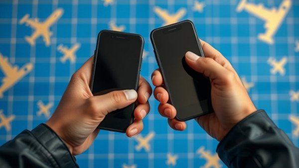 Futuristic handheld translators on a checkered blue gold background.