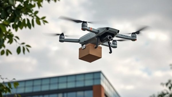 Modern delivery drone carrying package for drone delivery technology near building.