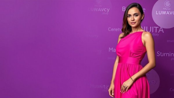 Elegant woman in pink dress at formal event with text backdrop.