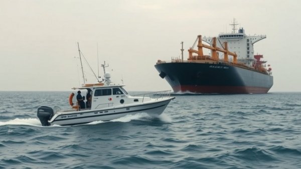 Iranian boat patrolling near oil tanker in the Strait of Hormuz.