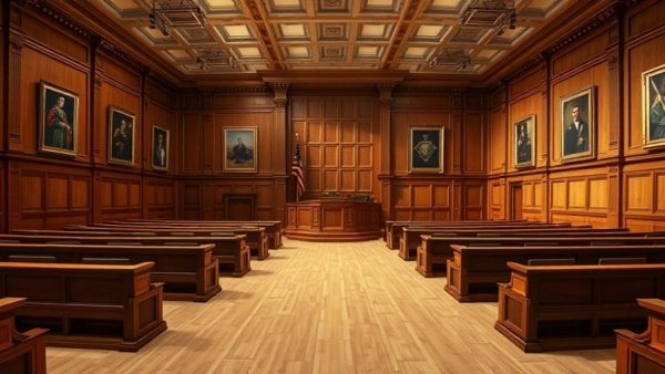 Empty courtroom with wooden benches and wall portraits