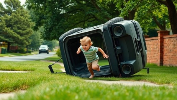 Toddler escapes rollover crash with overturned car and suburban backdrop.