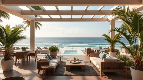 Stylish Mallorca beach club terrace with ocean view and modern decor.