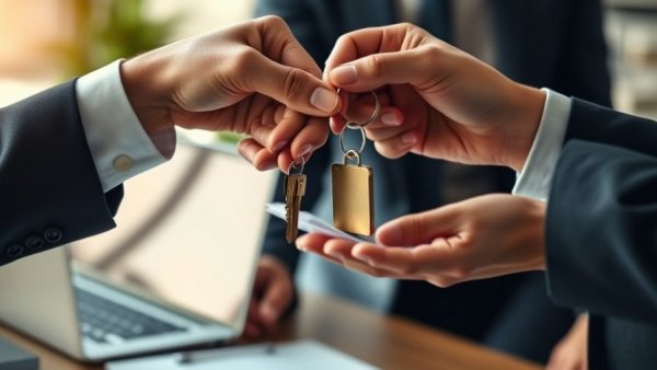 Close-up of hands exchanging keys in a modern office, highlighting short term vs long term rental.