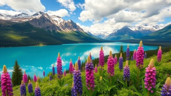 Quiet Comfort of Wild New Zealand: Scenic view of lupines by the lake.