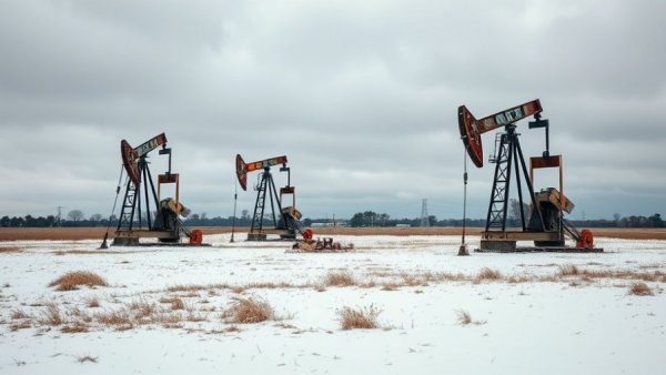 Repurposing abandoned oil wells in snowy landscape.