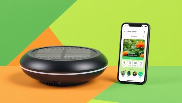 Modern solar-powered smart sprinkler with smartphone interface.