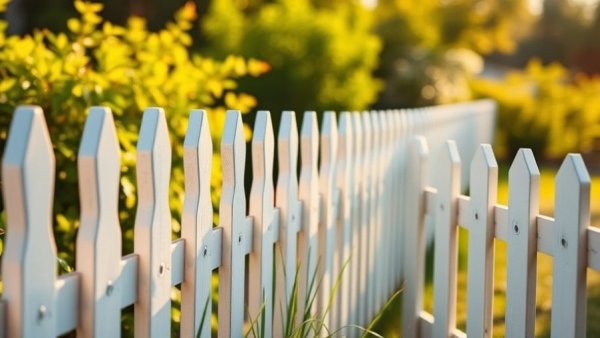 Close-up of white picket fence and garden for smart home exterior upgrades.