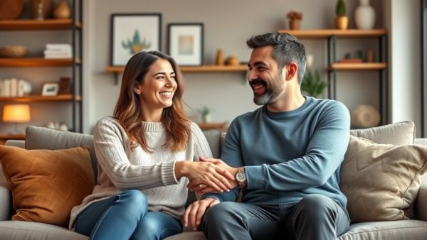Happy couple shaking hands in living room, buy a house with cash.