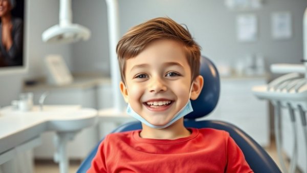 Young boy at children's dentist giving a thumbs up in dental chair.