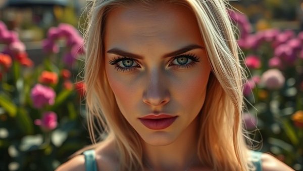 Blonde woman outdoors in garden, intense gaze.