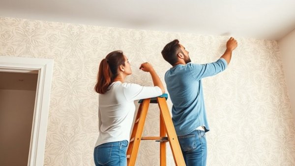 Couple applying wallpaper in fixer upper home renovation project.