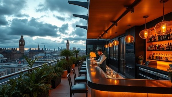 Must-do Spring Experiences in London at a rooftop bar with sunset vibes.
