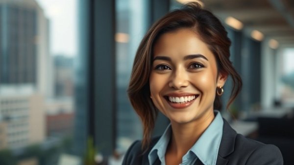 Smiling woman in office setting, related to celebrity news.