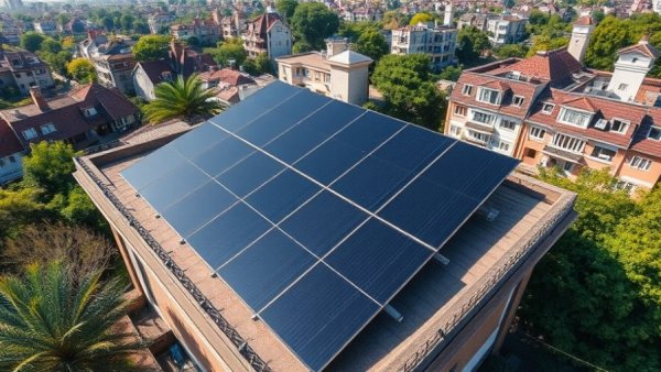 Rooftop solar panels on a building in India, showcasing solar energy integration.