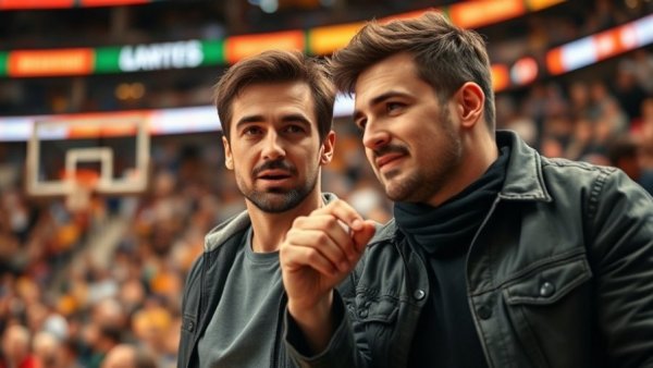 Casual duo at NBA playoff game scene.