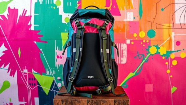 Topo Designs Rover Trail Pack displayed on a colorful abstract background.