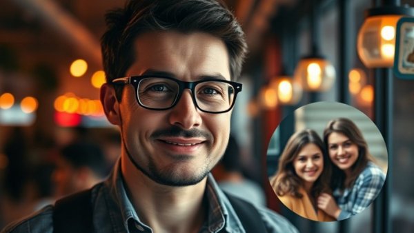 Casual portrait of a man in glasses with smiling couple interior.