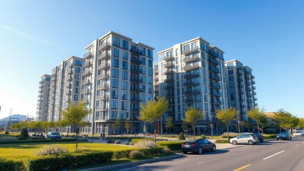 Modern apartment buildings under clear sky with garden, renting vs buying a home