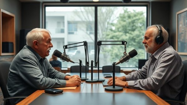 Two men in a radio studio engaged in conversation about education storytelling Middle Georgia.