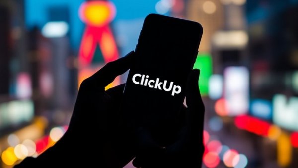 ClickUp logo on smartphone with colorful bokeh background, representing work and future trends.