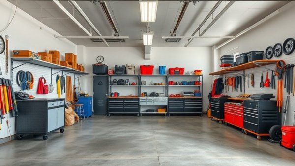 Spacious, organized garage with shelves and tools for functionality.