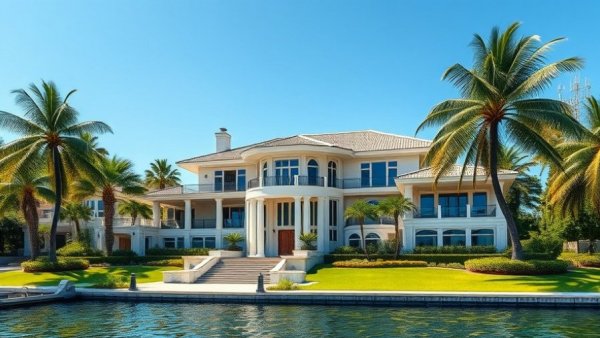 Luxurious waterfront mansion with palm trees showcasing home improvements that add value.